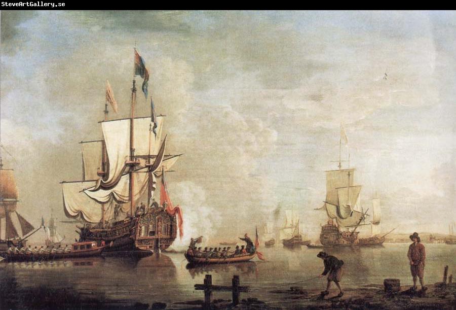 Thomas Mellish The Royal Caroline in a calm estuary flying a Royal standard and surrounded by an attendant barge and other small boats